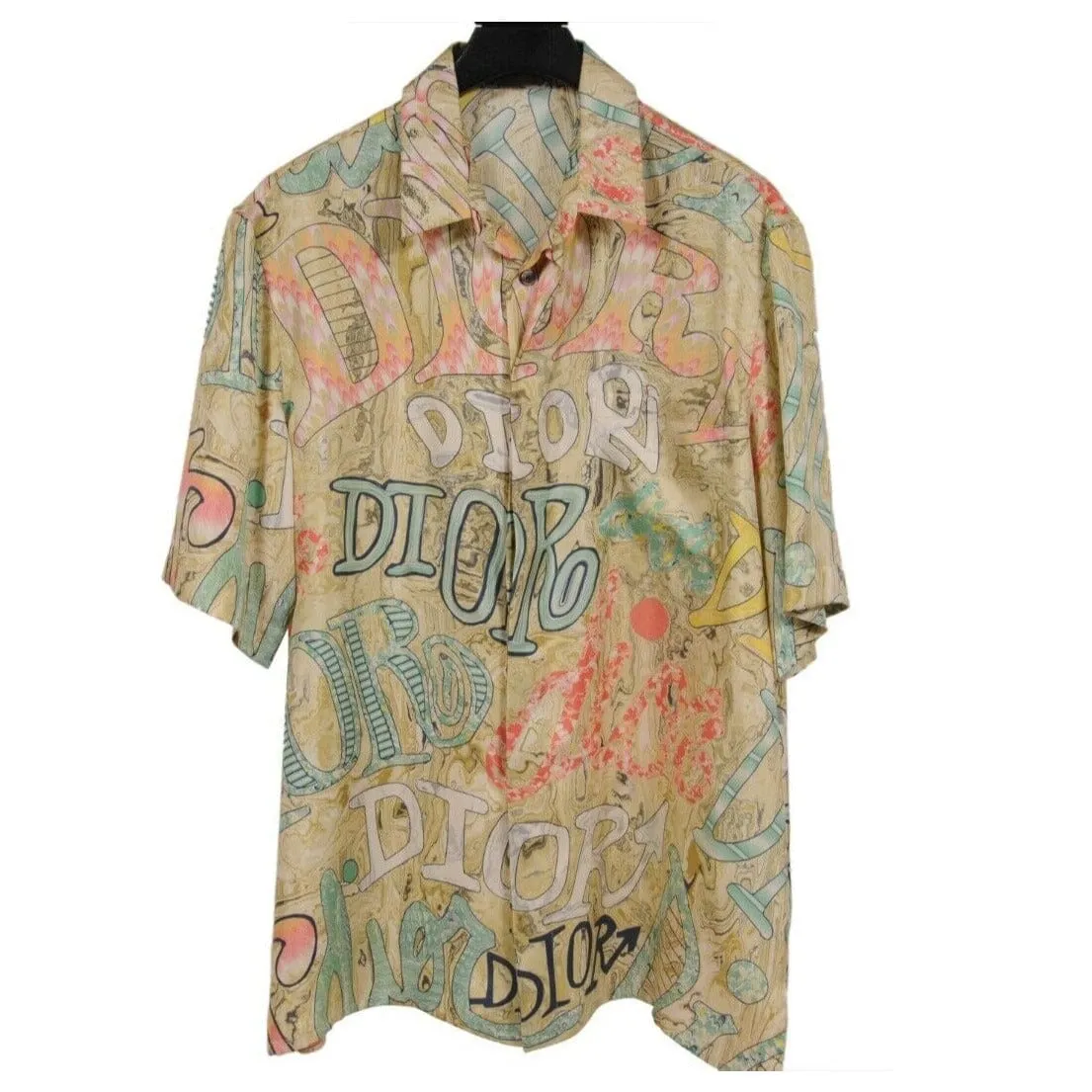 1 of 1 Logo Button Down Shirt IT 39 XL Green Silk Bowling Hand-Painted