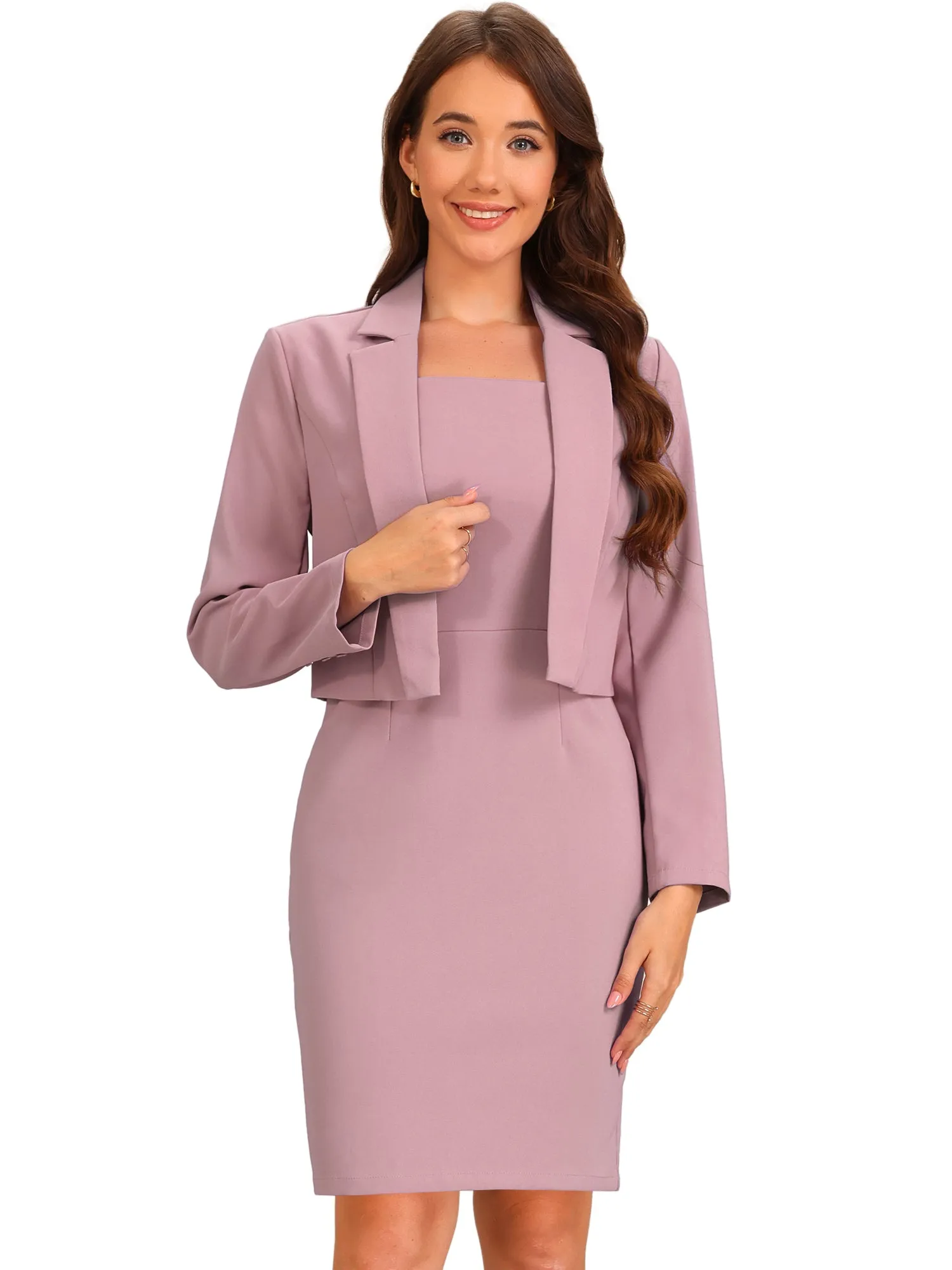 2 Pieces Sleeveless Sheath Midi Dress & Long Sleeve Cropped Blazer Suit Set