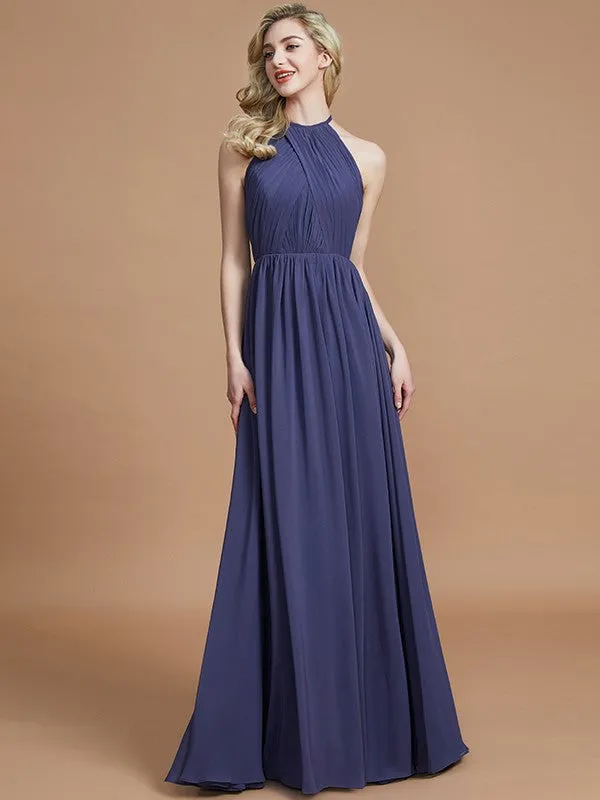 A-Line Scoop Chiffon Sleeveless Floor-Length Bridesmaid Dresses