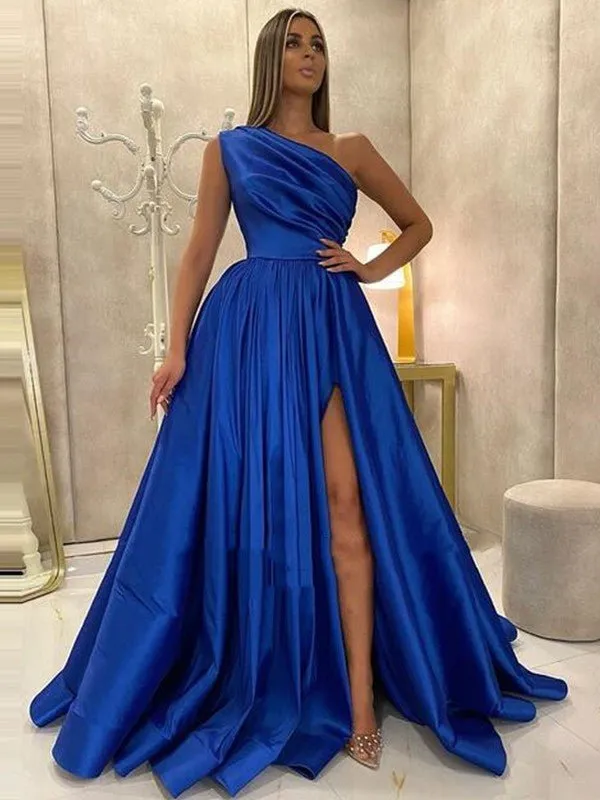 A-Line/Princess Satin Ruffles One-Shoulder Sleeveless Sweep/Brush Train Dresses