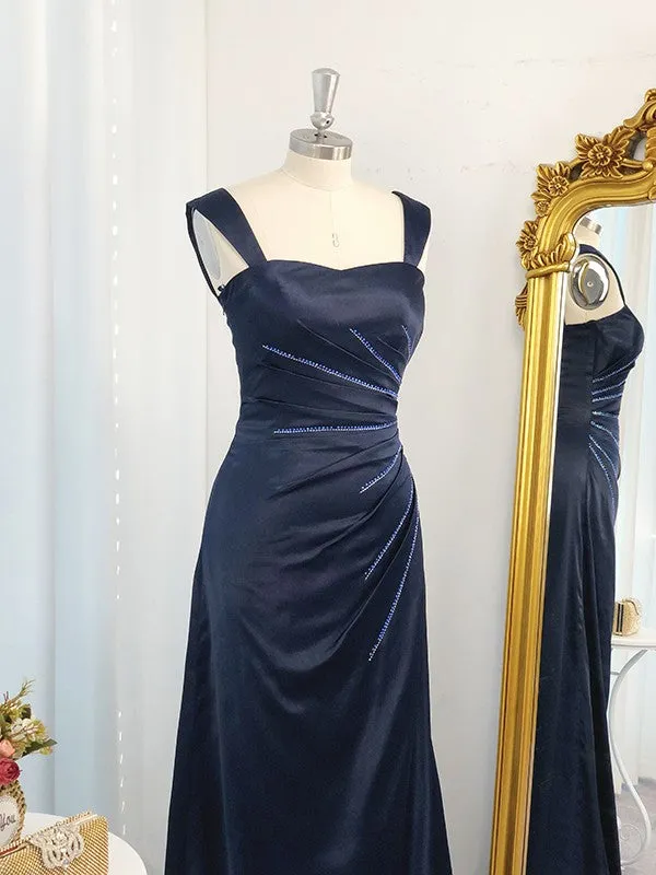 A-Line/Princess Straps Sleeveless  Woven Satin Ruched Floor-Length Dresses