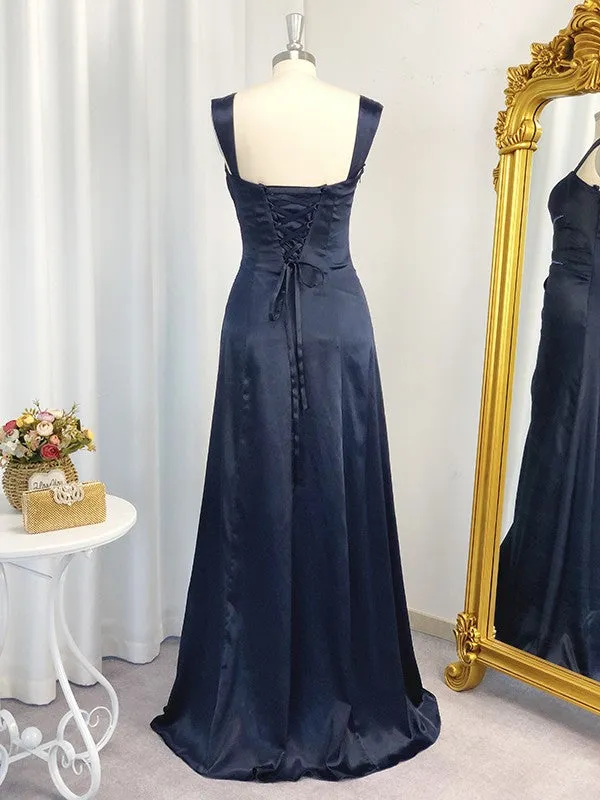 A-Line/Princess Straps Sleeveless  Woven Satin Ruched Floor-Length Dresses