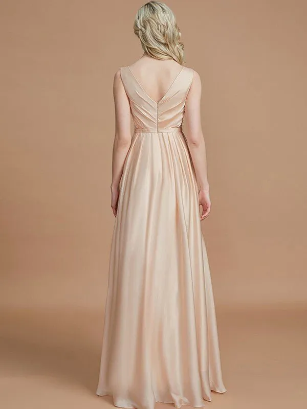 A-Line/Princess V-neck Sleeveless Ruched Floor-Length Silk like Satin Bridesmaid Dresses