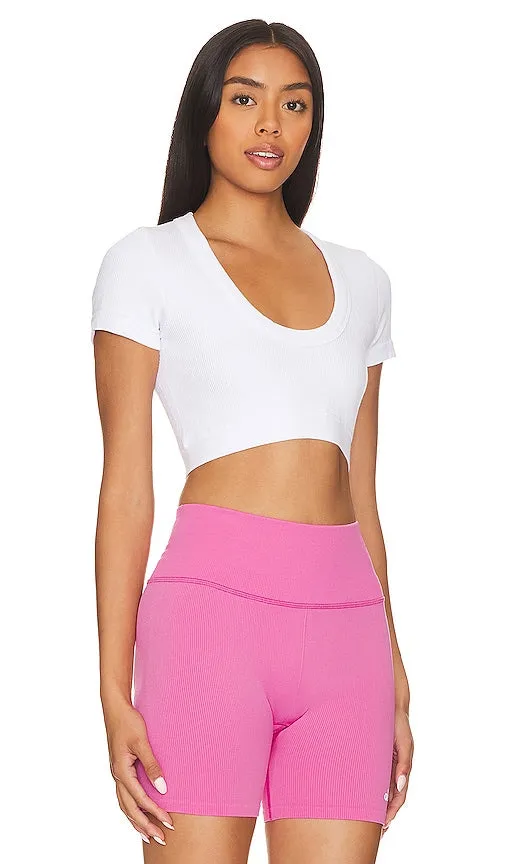 alo Seamless Ribbed Serene Short Sleeve Top in White