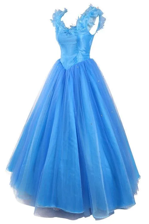 Ball Gown Scoop Tulle Blue Long Prom Evening Dress With Cap Sleeves TP0027