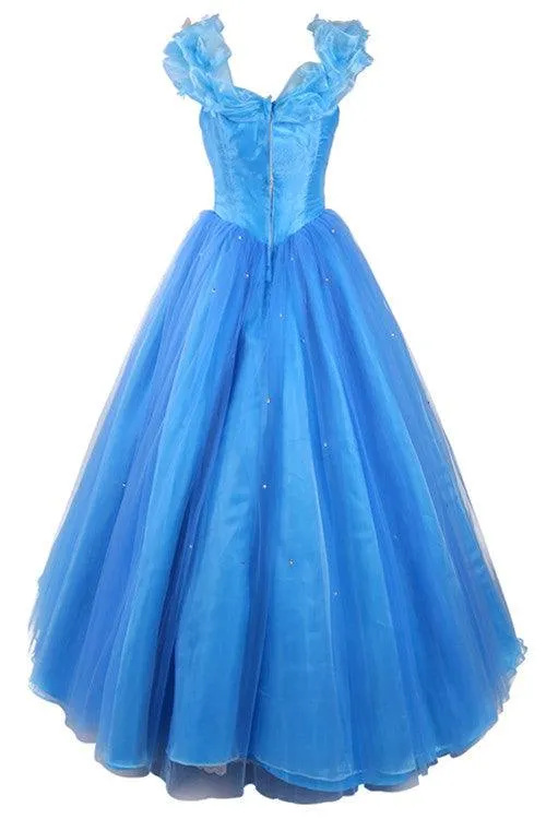 Ball Gown Scoop Tulle Blue Long Prom Evening Dress With Cap Sleeves TP0027