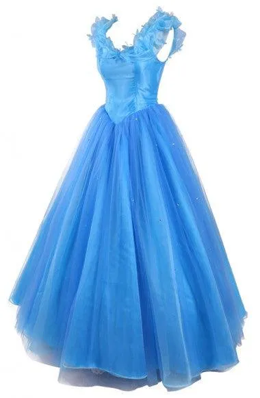 Ball Gown Scoop Tulle Blue Long Prom Evening Dress With Cap Sleeves TP0027