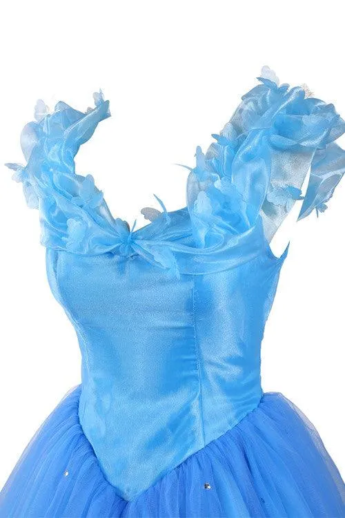 Ball Gown Scoop Tulle Blue Long Prom Evening Dress With Cap Sleeves TP0027