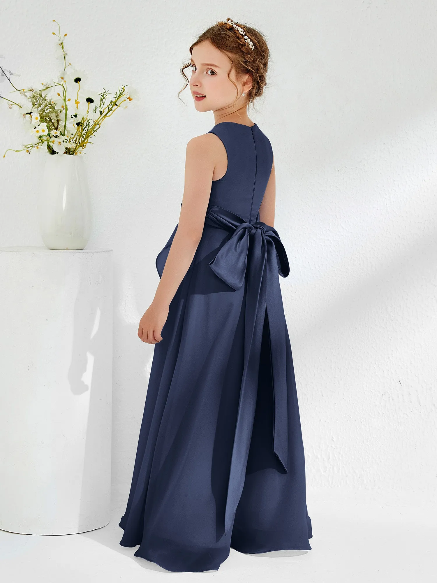 Bateau Neckline Ruffle Junior Bridesmaid Gowns Dark Navy