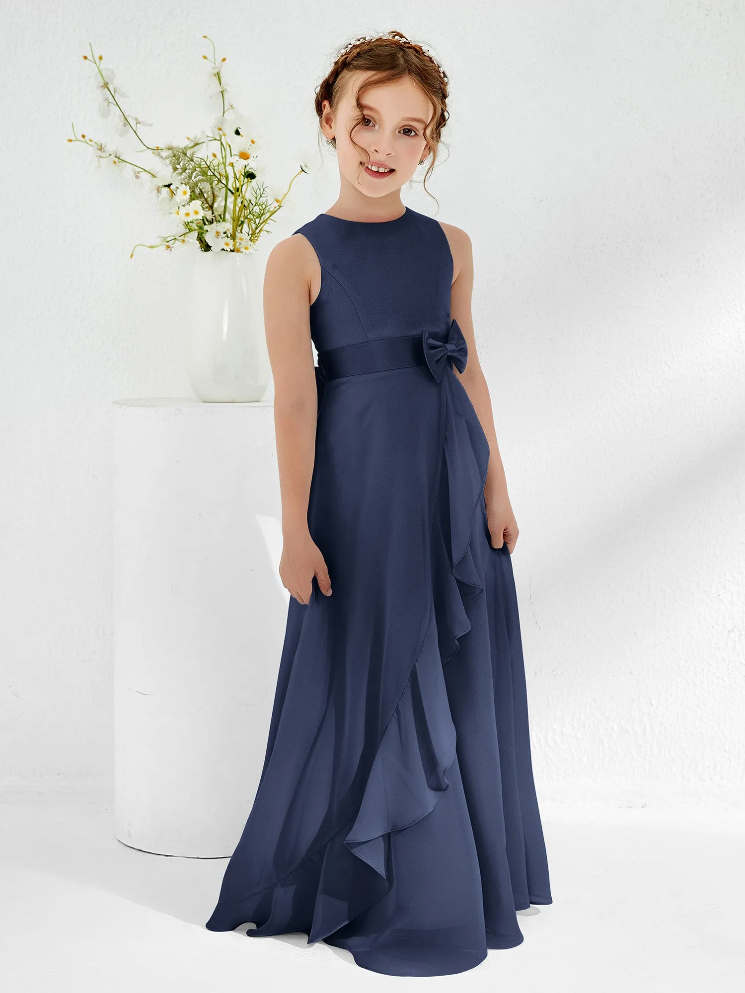 Bateau Neckline Ruffle Junior Bridesmaid Gowns Dark Navy