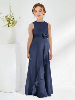 Bateau Neckline Ruffle Junior Bridesmaid Gowns Dark Navy