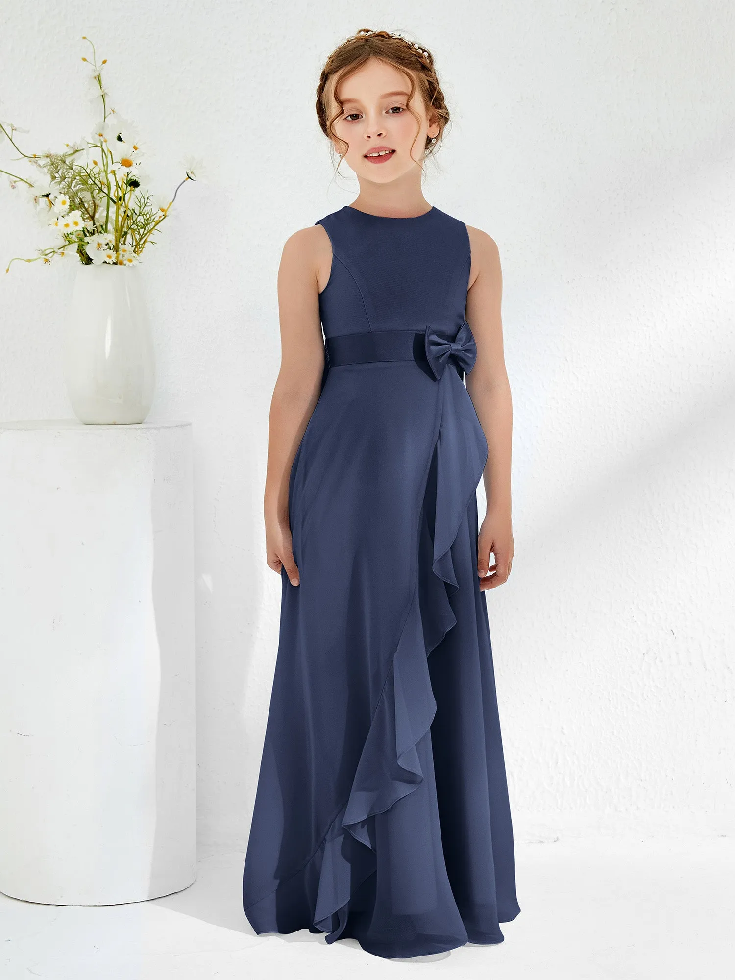 Bateau Neckline Ruffle Junior Bridesmaid Gowns Dark Navy