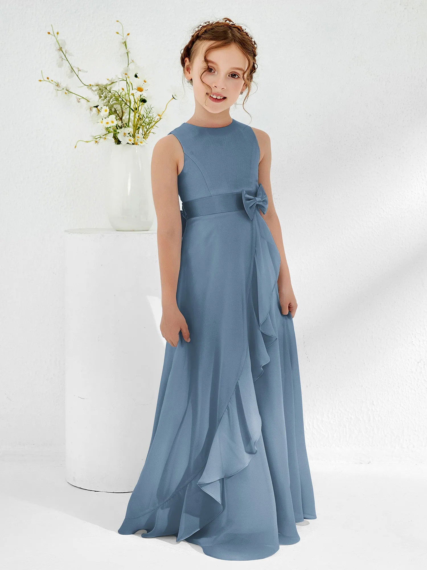 Bateau Neckline Ruffle Junior Bridesmaid Gowns Slate Blue