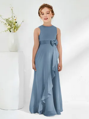 Bateau Neckline Ruffle Junior Bridesmaid Gowns Slate Blue