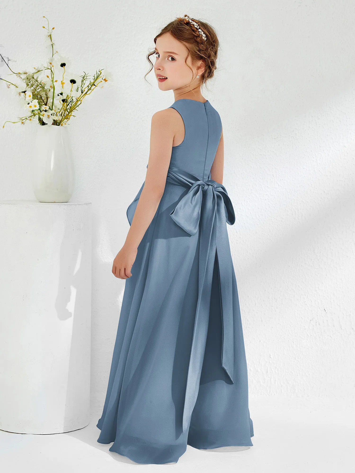 Bateau Neckline Ruffle Junior Bridesmaid Gowns Slate Blue