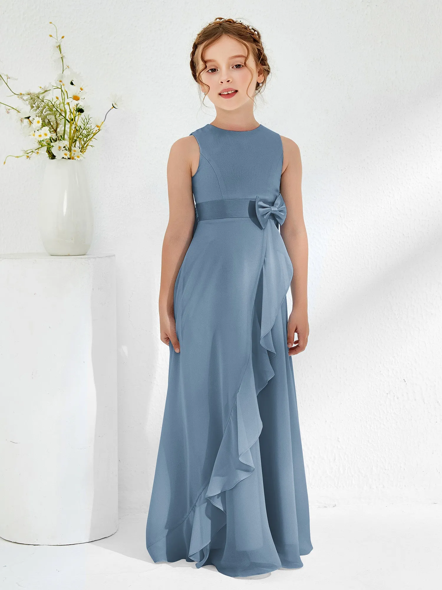 Bateau Neckline Ruffle Junior Bridesmaid Gowns Slate Blue