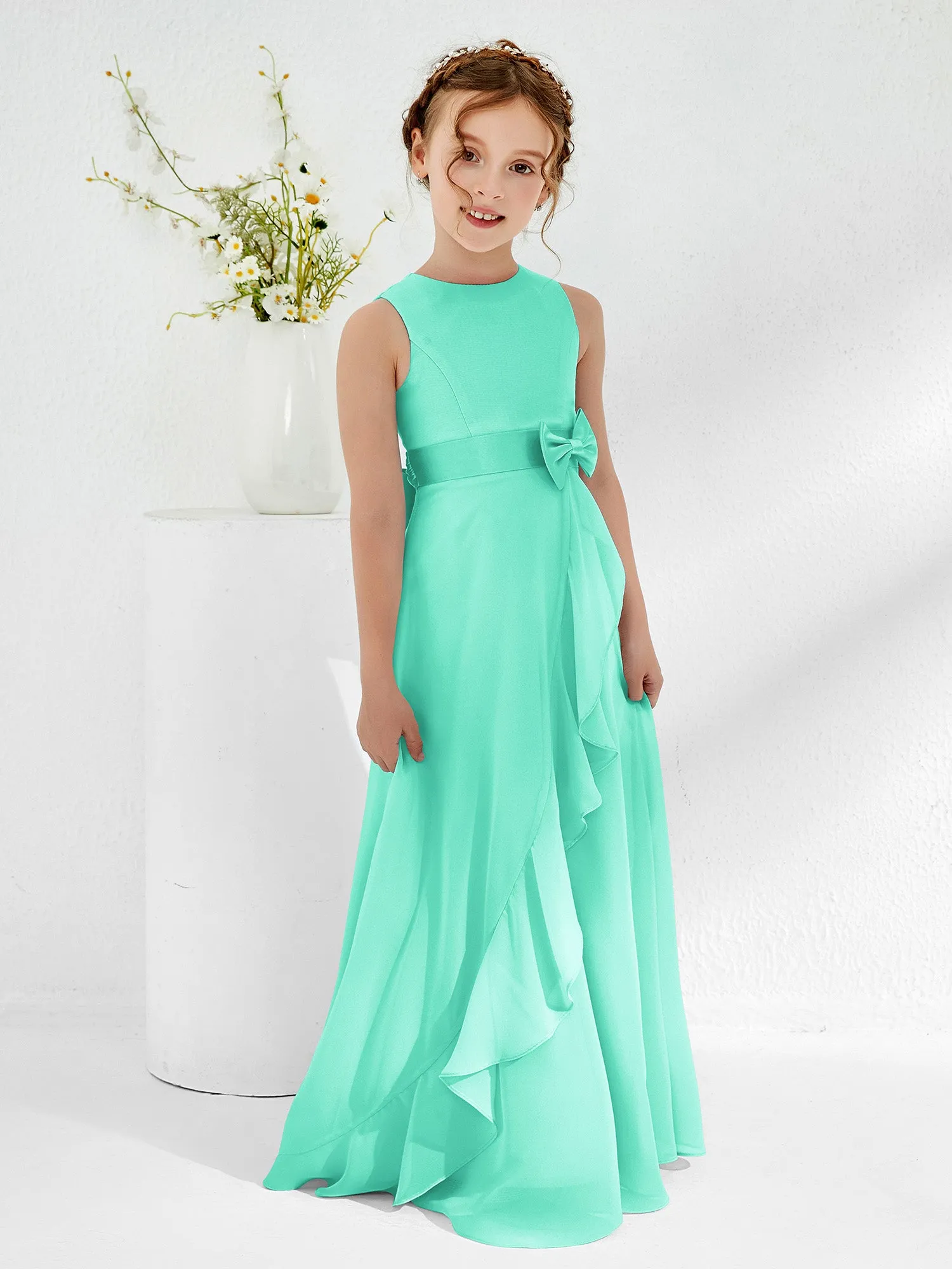 Bateau Neckline Ruffle Junior Bridesmaid Gowns Spa