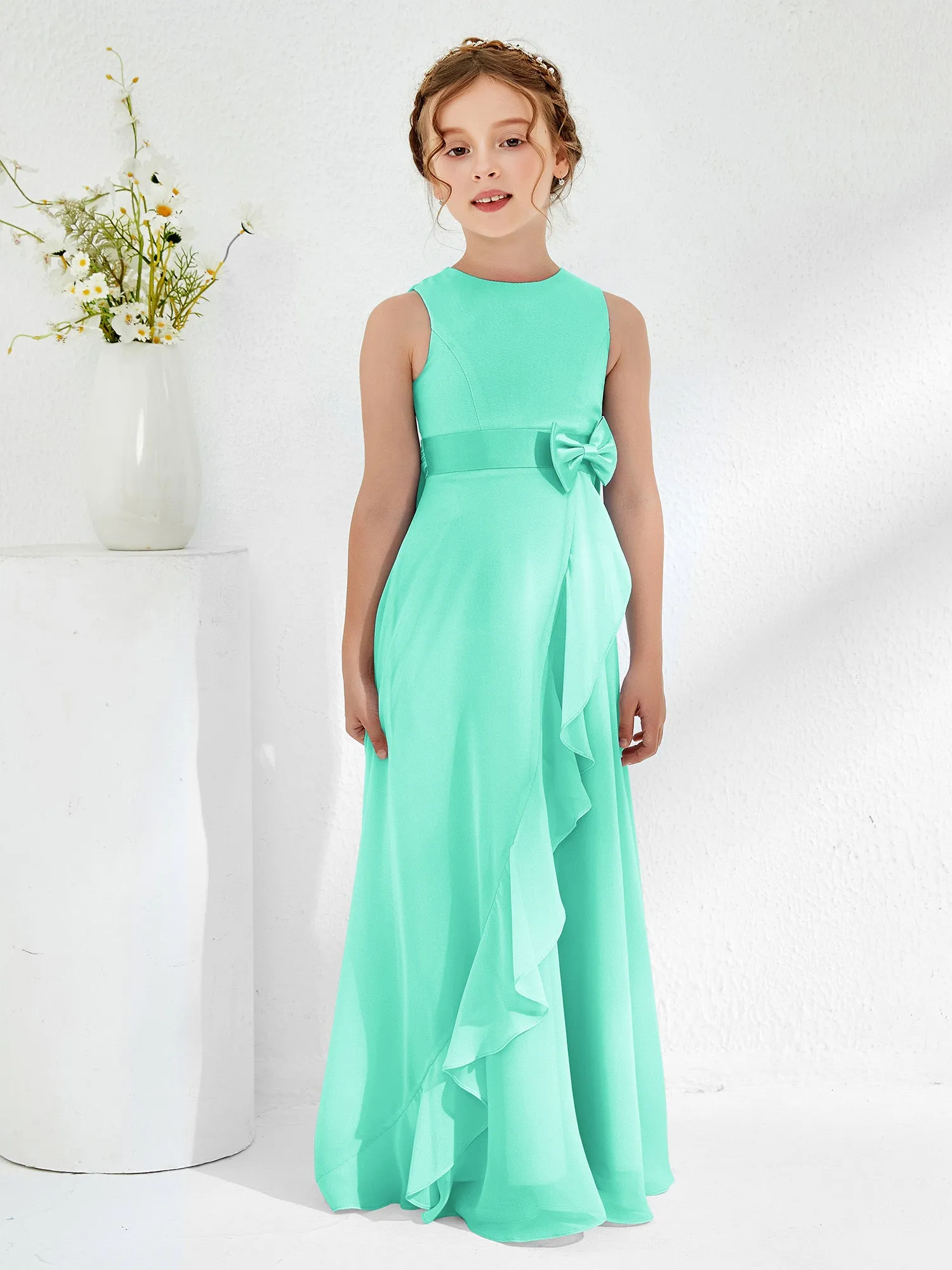 Bateau Neckline Ruffle Junior Bridesmaid Gowns Spa