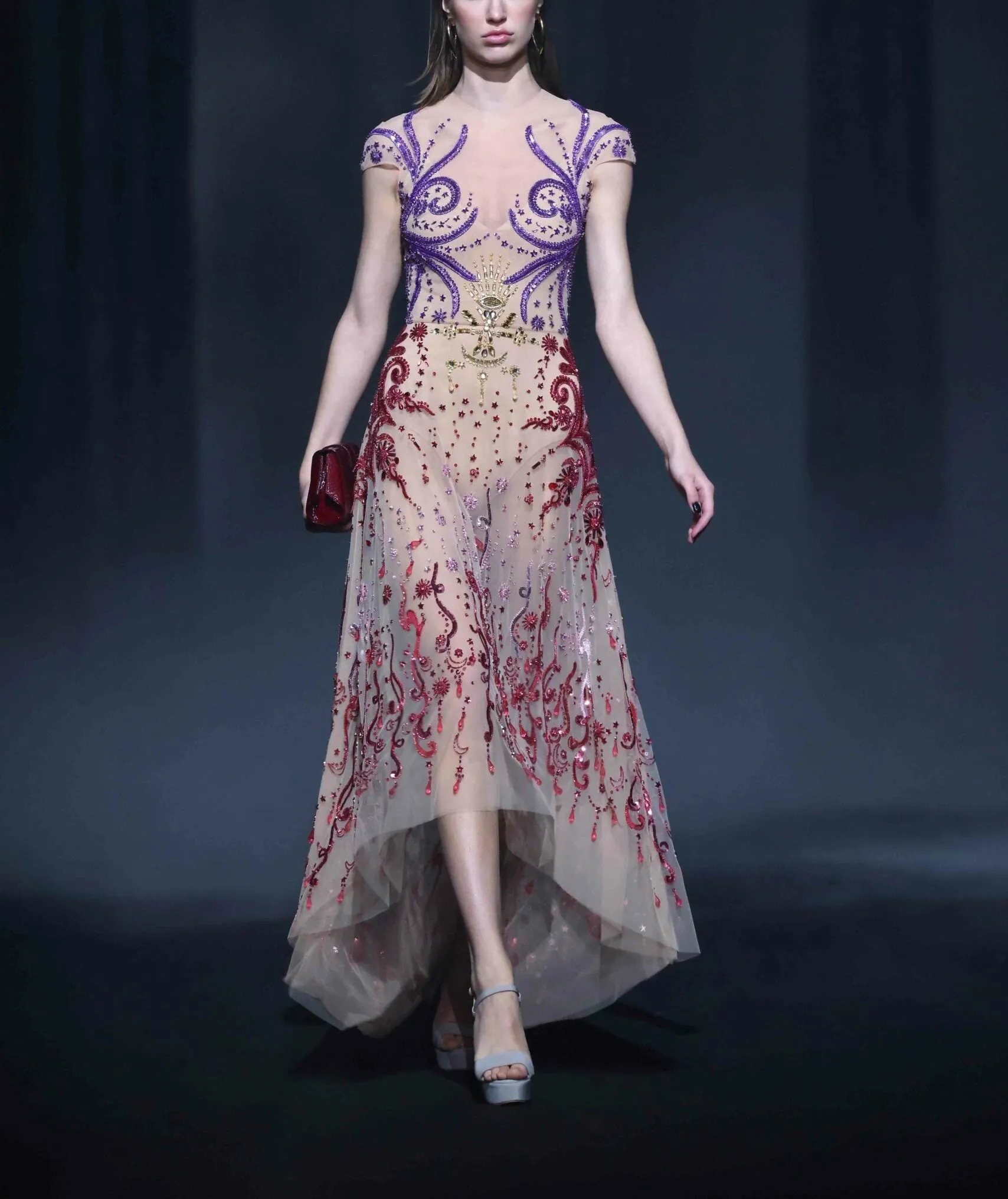 Beaded Tulle Dress With Asymmetrical Hem