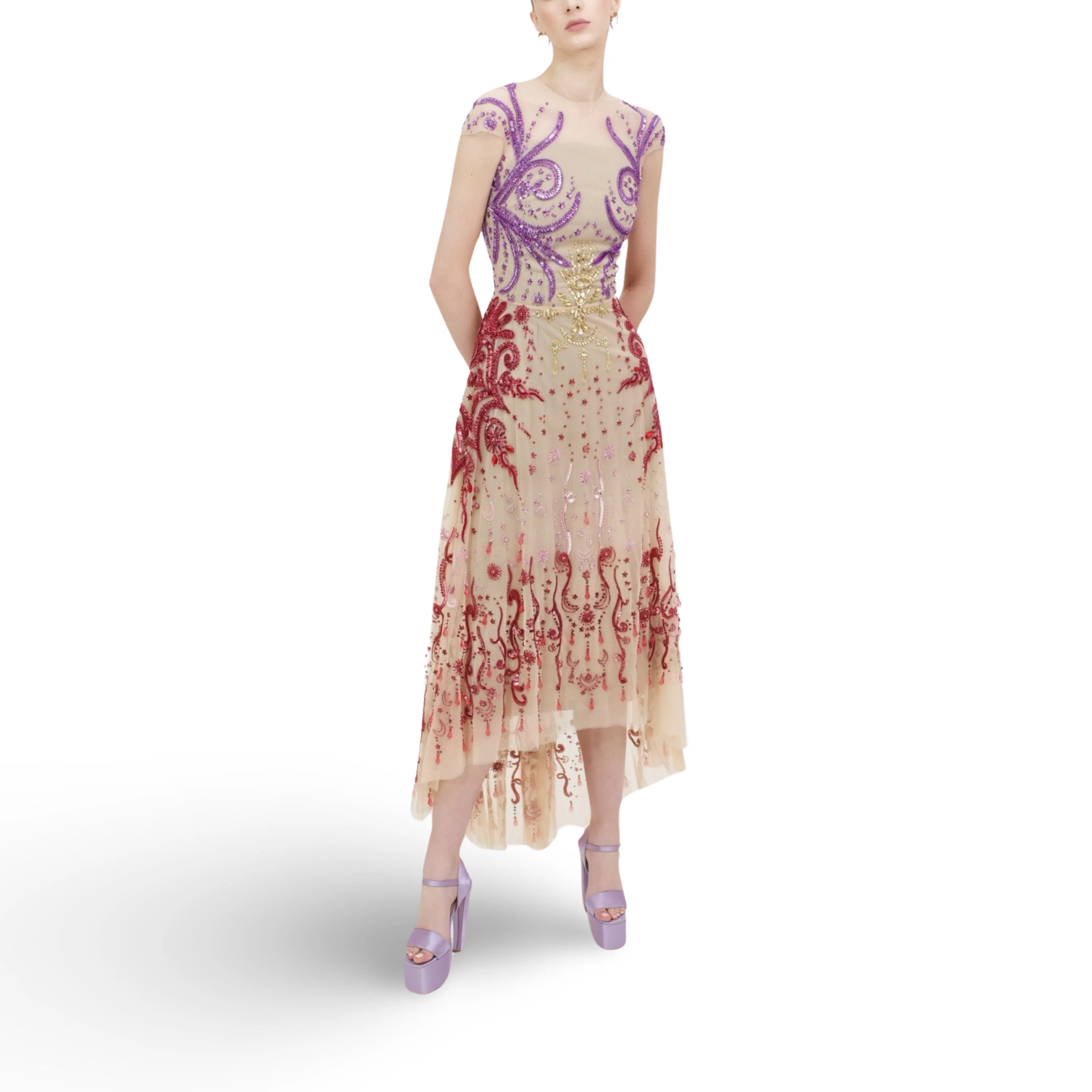 Beaded Tulle Dress With Asymmetrical Hem