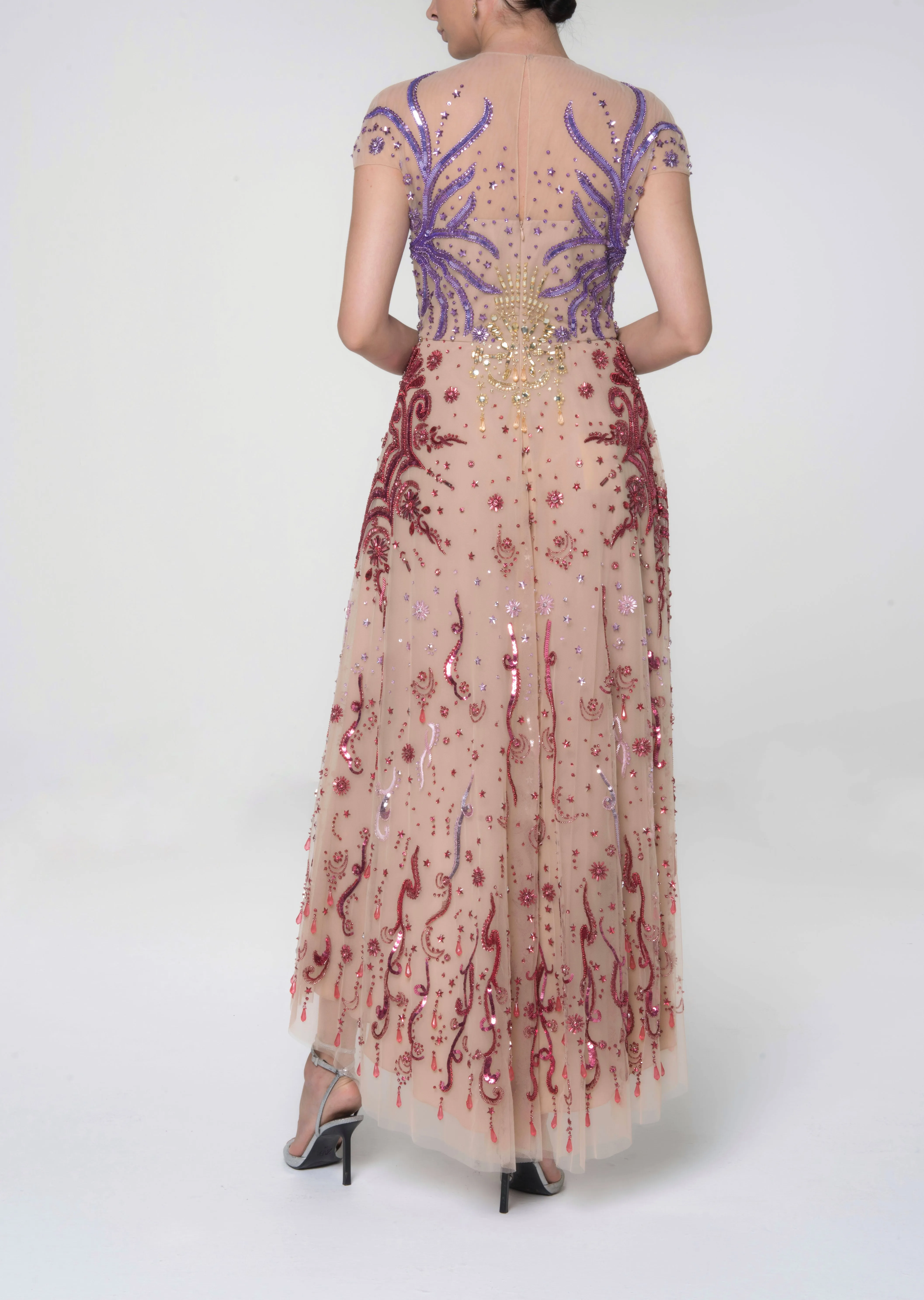 Beaded Tulle Dress With Asymmetrical Hem