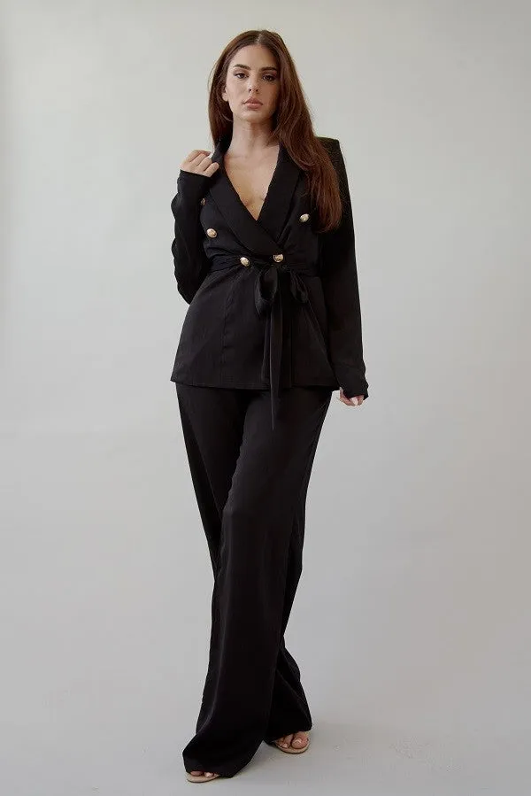 Black Satin Blazer And Pant Set