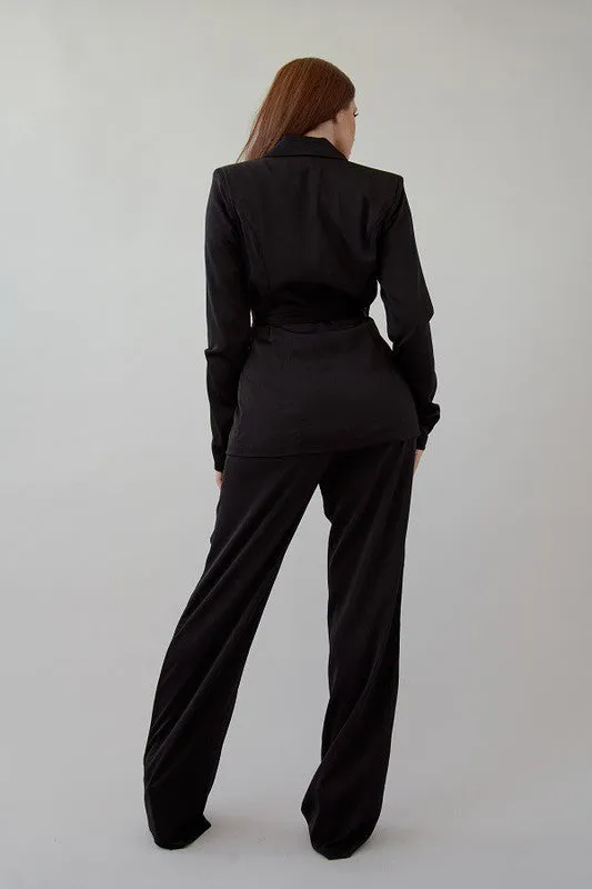 Black Satin Blazer And Pant Set