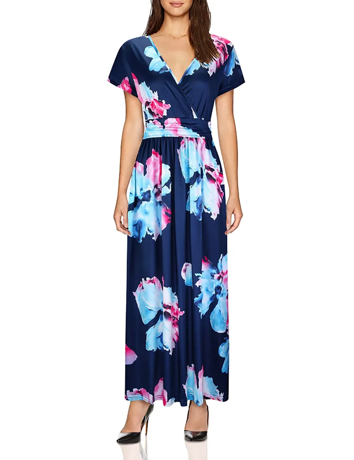 Blue Pink Ladies Summer Casual V Neck Short Long Sleeve Floral Pattern Wrap Ladies Maxi Long Dress with Pockets - OUGES