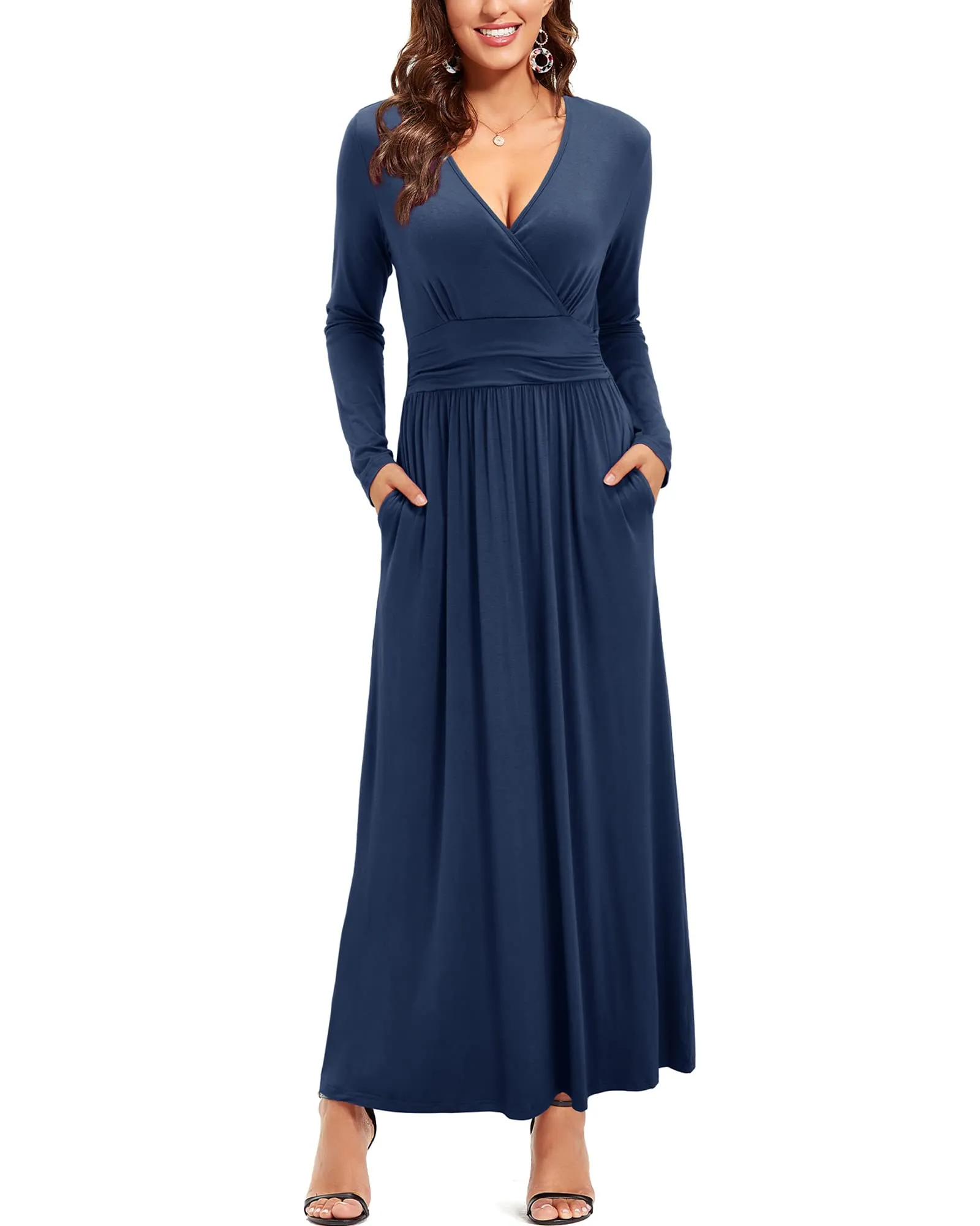 Blue Pink Ladies Summer Casual V Neck Short Long Sleeve Floral Pattern Wrap Ladies Maxi Long Dress with Pockets - OUGES