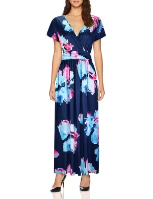 Blue Pink Ladies Summer Casual V Neck Short Long Sleeve Floral Pattern Wrap Ladies Maxi Long Dress with Pockets - OUGES