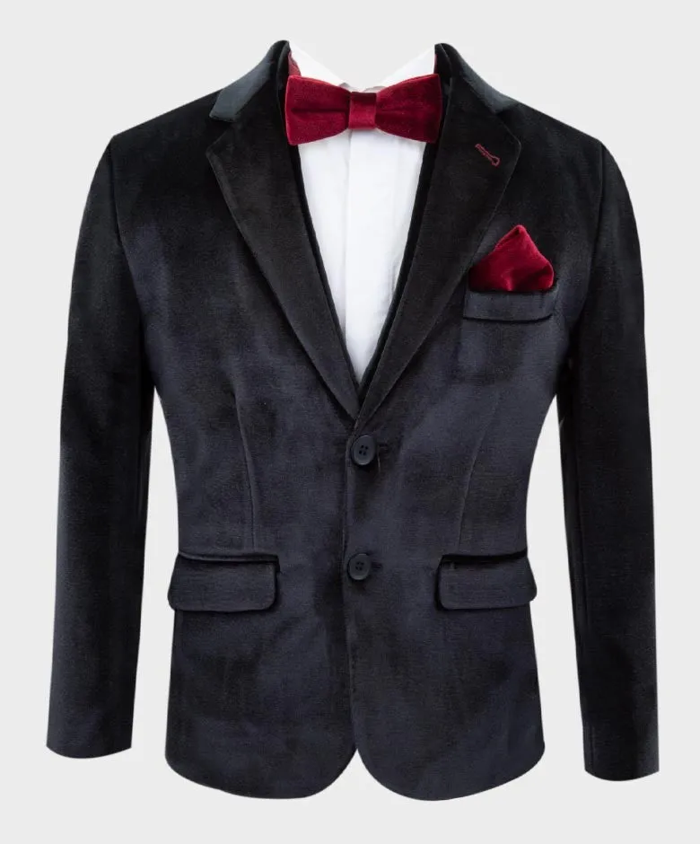 Boys Tailored Fit Velvet Blazer with Elbow Patches - Black