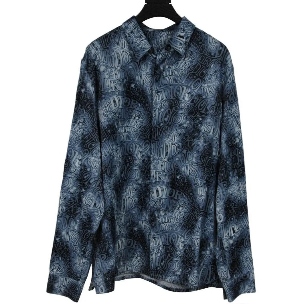 Button Down Blue Viscose All Over Logo Long Sleeve Shirt