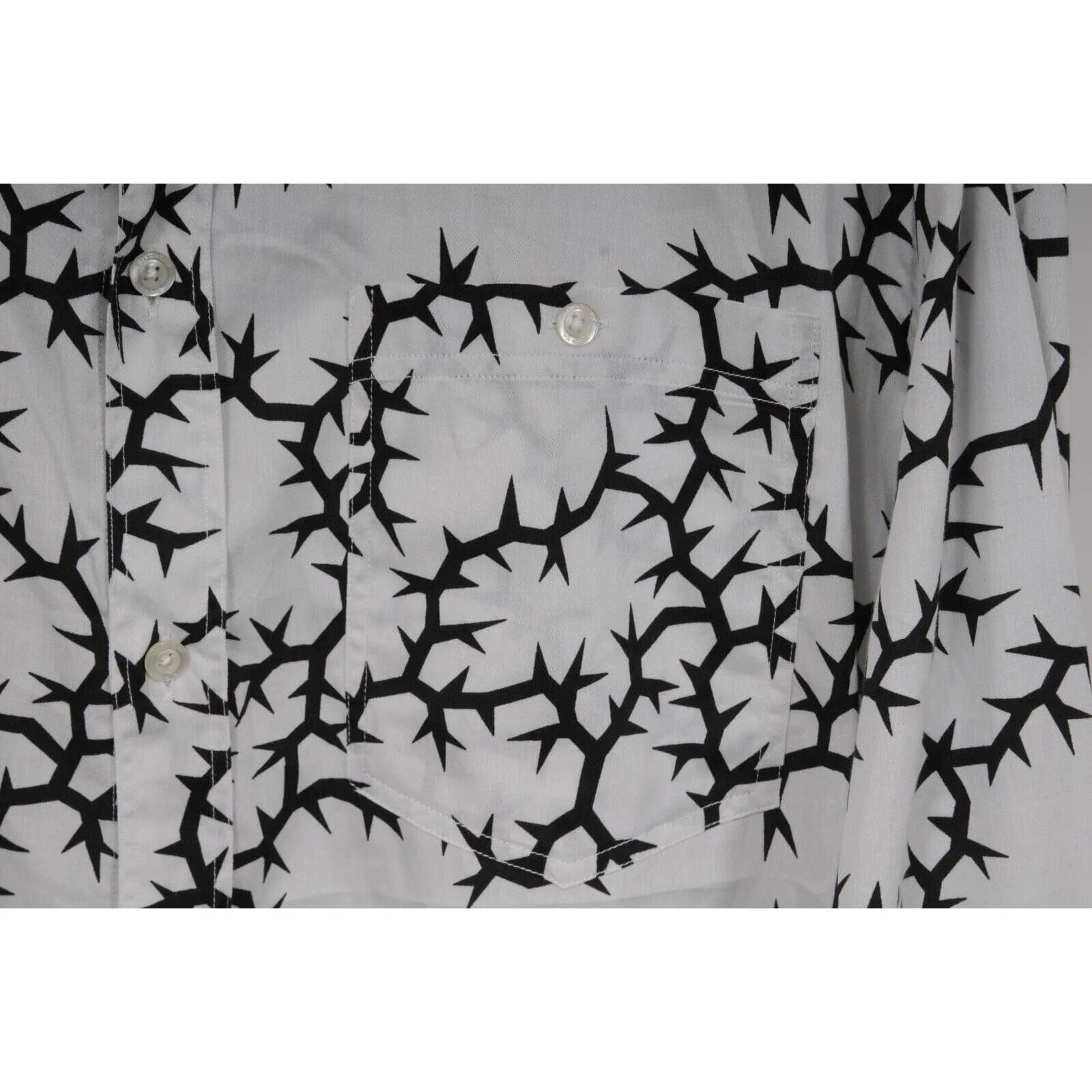 Button Down Shirt White Black Thorn Print Cotton Long Sleeve