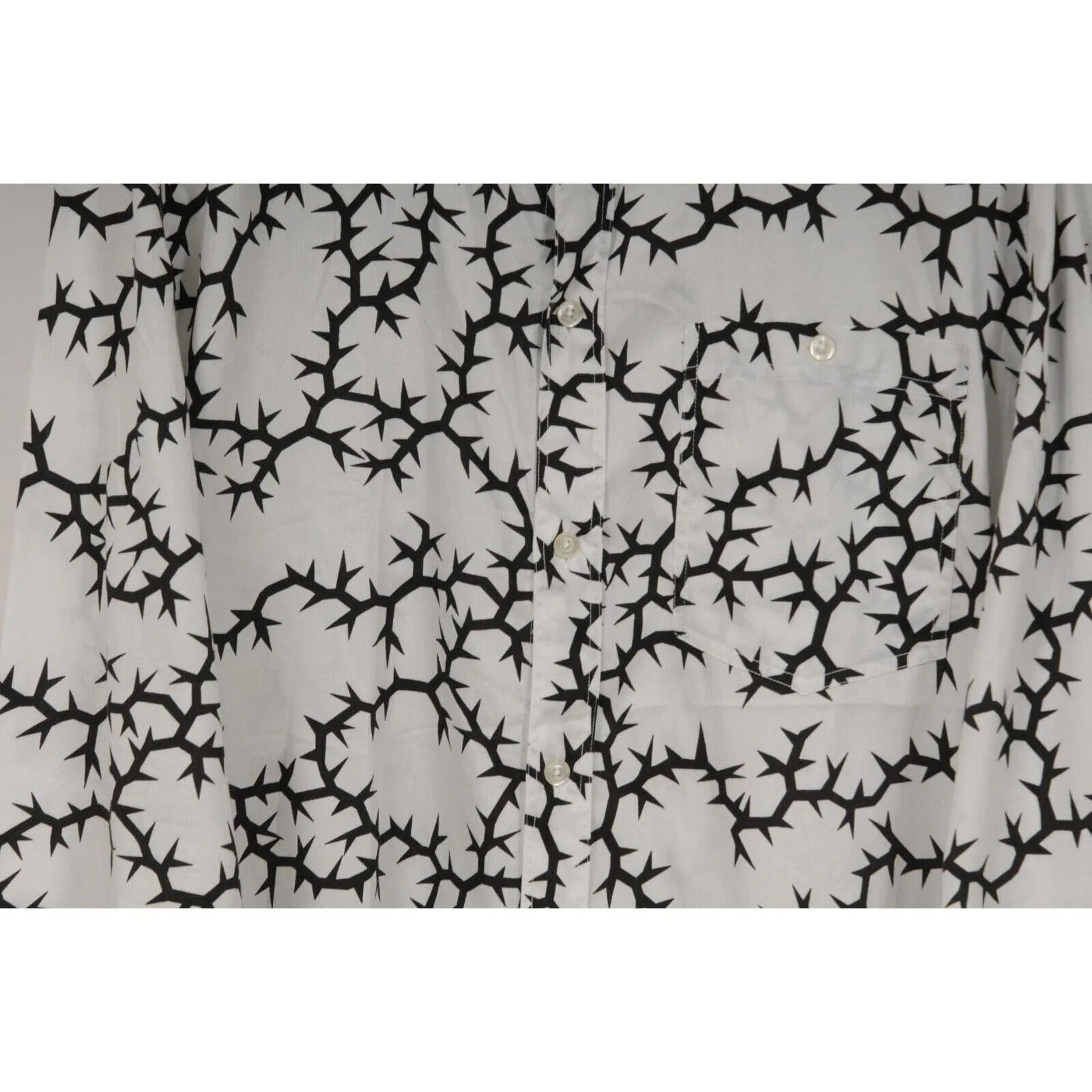 Button Down Shirt White Black Thorn Print Cotton Long Sleeve