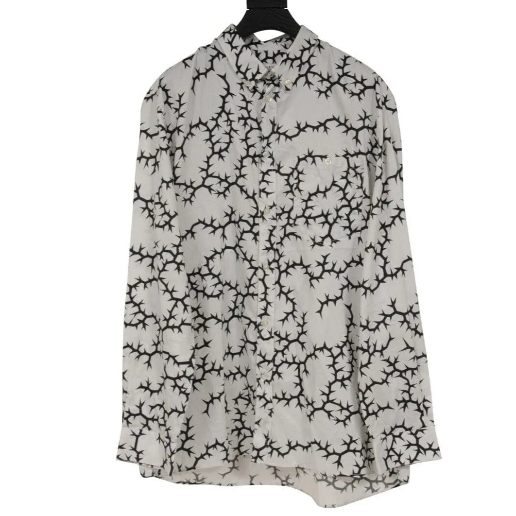 Button Down Shirt White Black Thorn Print Cotton Long Sleeve