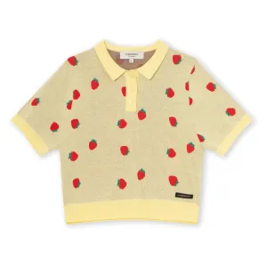 Carrie Yellow Knit Polo with Strawberry Print
