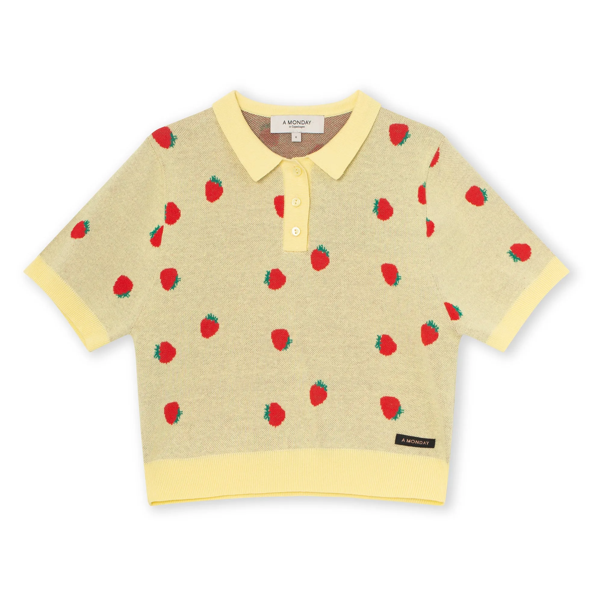 Carrie Yellow Knit Polo with Strawberry Print