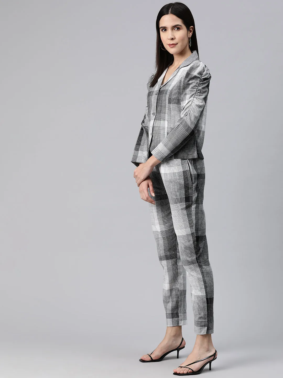 Cottinfab Women Checkered Coat Coat and Trousers Co-ord Set