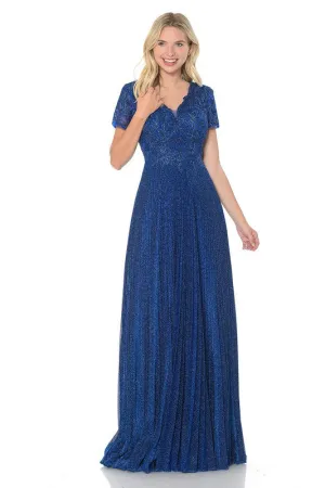 Dark Blue Embroidered Sleeved Diamond Pleated Formal Dress