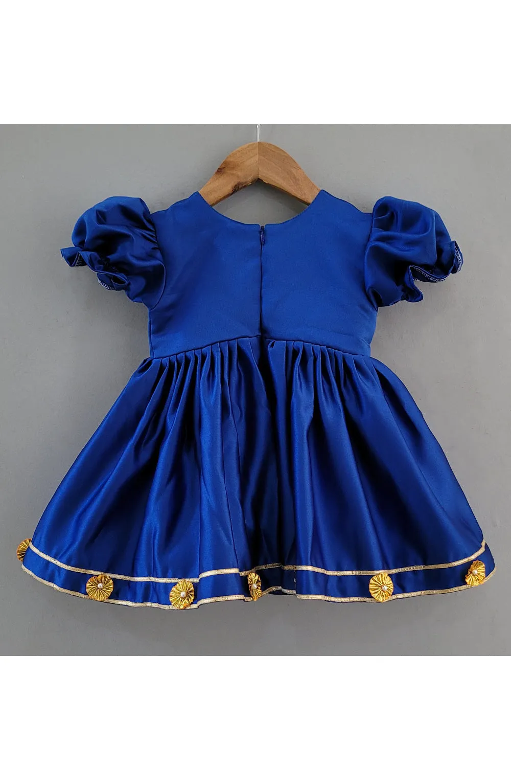 Dark Blue Goddess Laxmi Embroidered Satin Dress
