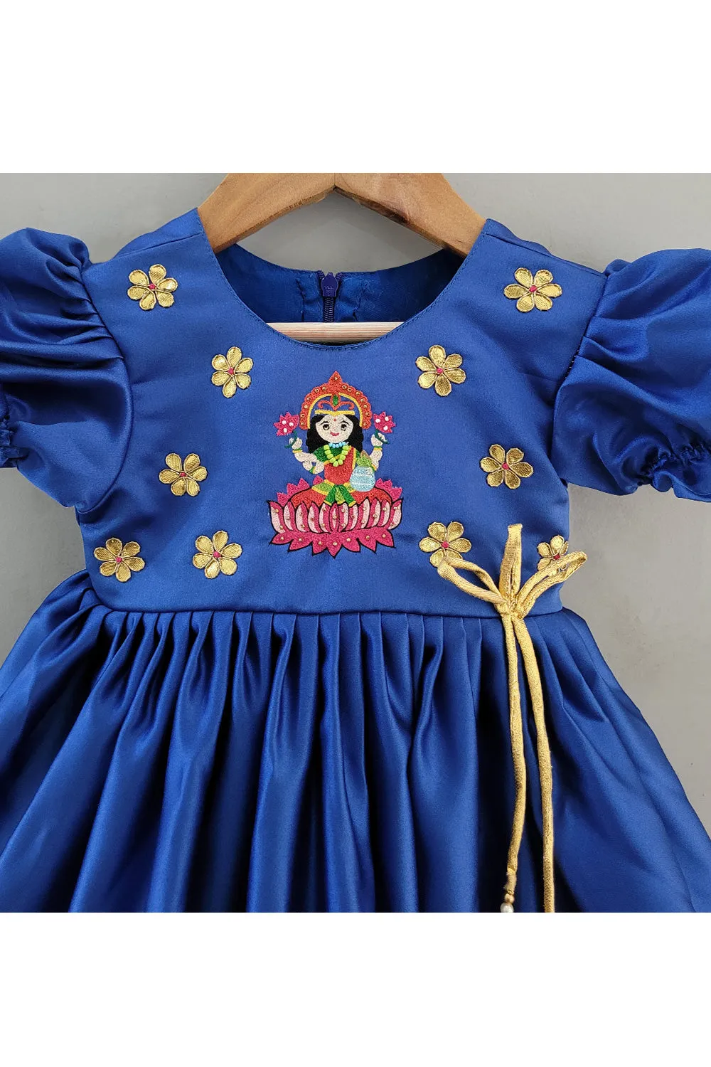 Dark Blue Goddess Laxmi Embroidered Satin Dress