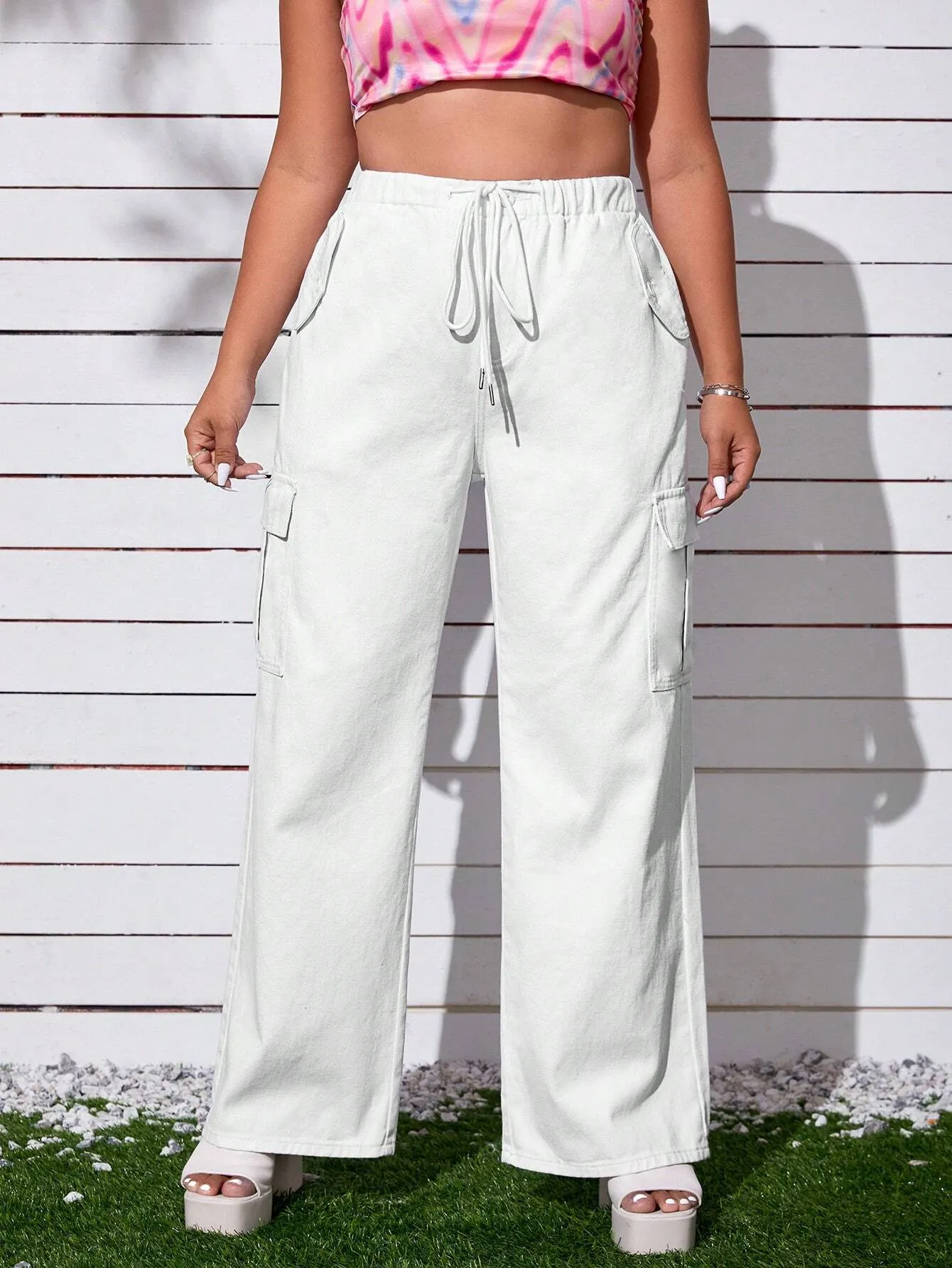 Drawstring Waist Cargo Jeans With Flap Pocket