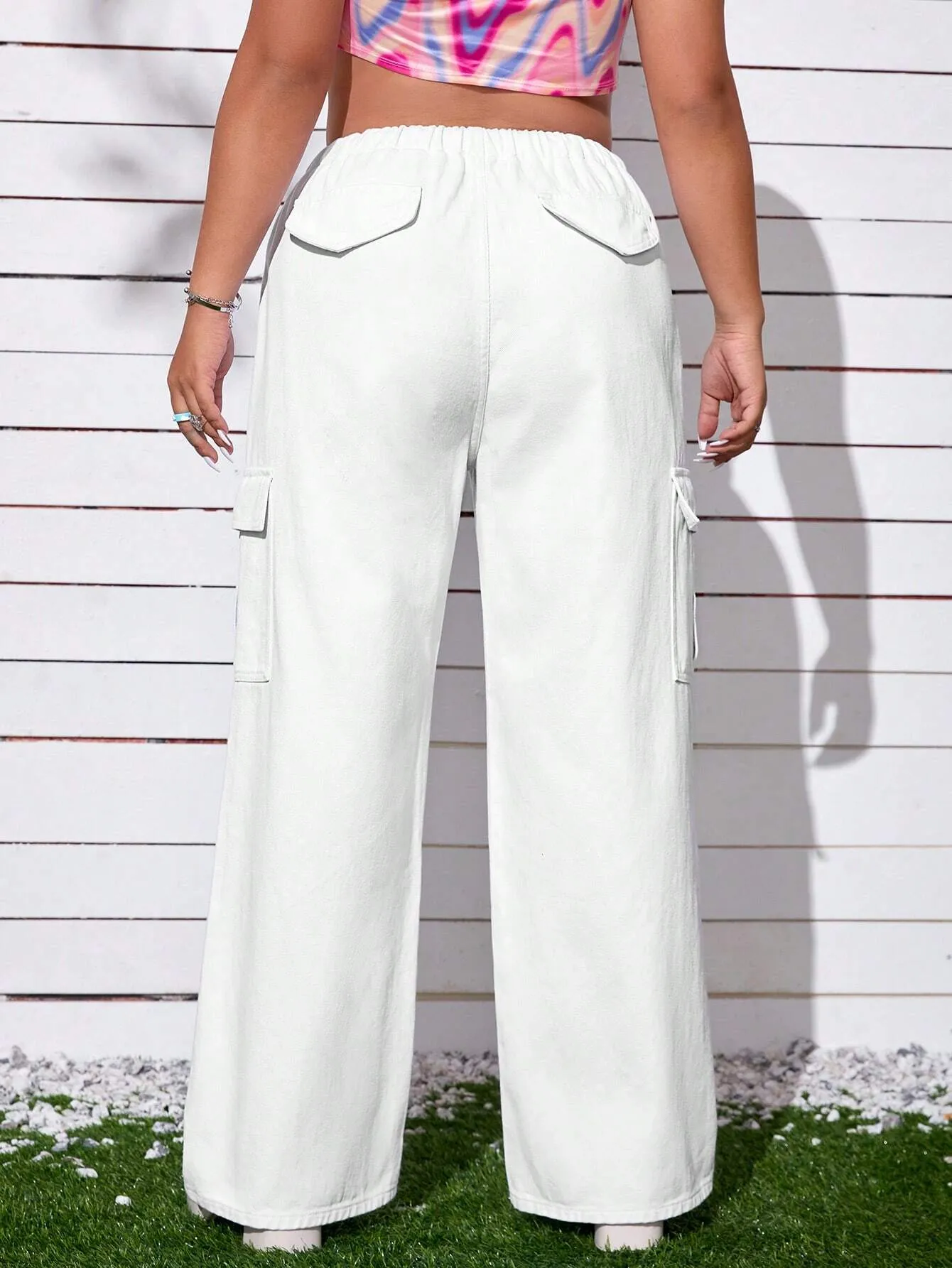 Drawstring Waist Cargo Jeans With Flap Pocket