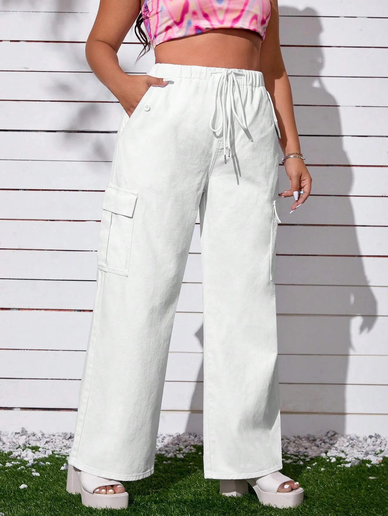 Drawstring Waist Cargo Jeans With Flap Pocket