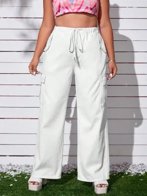 Drawstring Waist Cargo Jeans With Flap Pocket