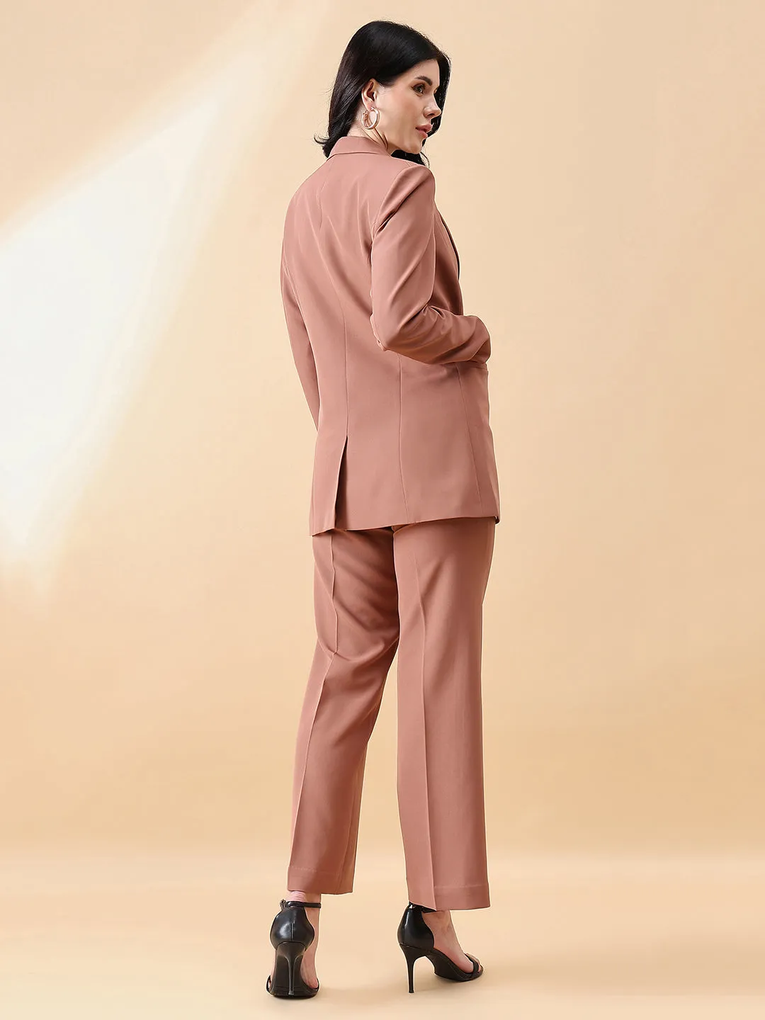 Dusty Peach Polyester Notch Collar Stretch Pant Suit
