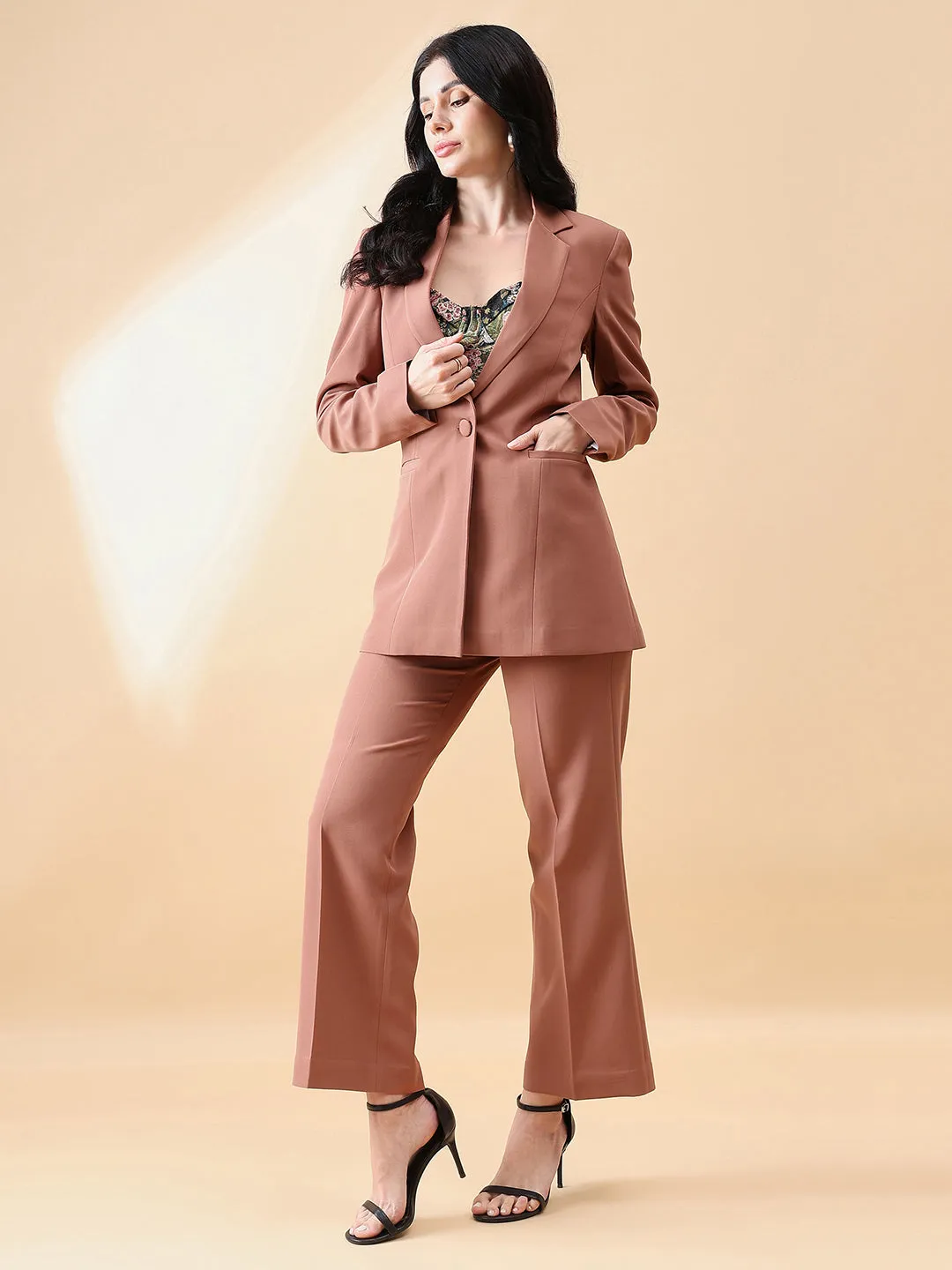 Dusty Peach Polyester Notch Collar Stretch Pant Suit