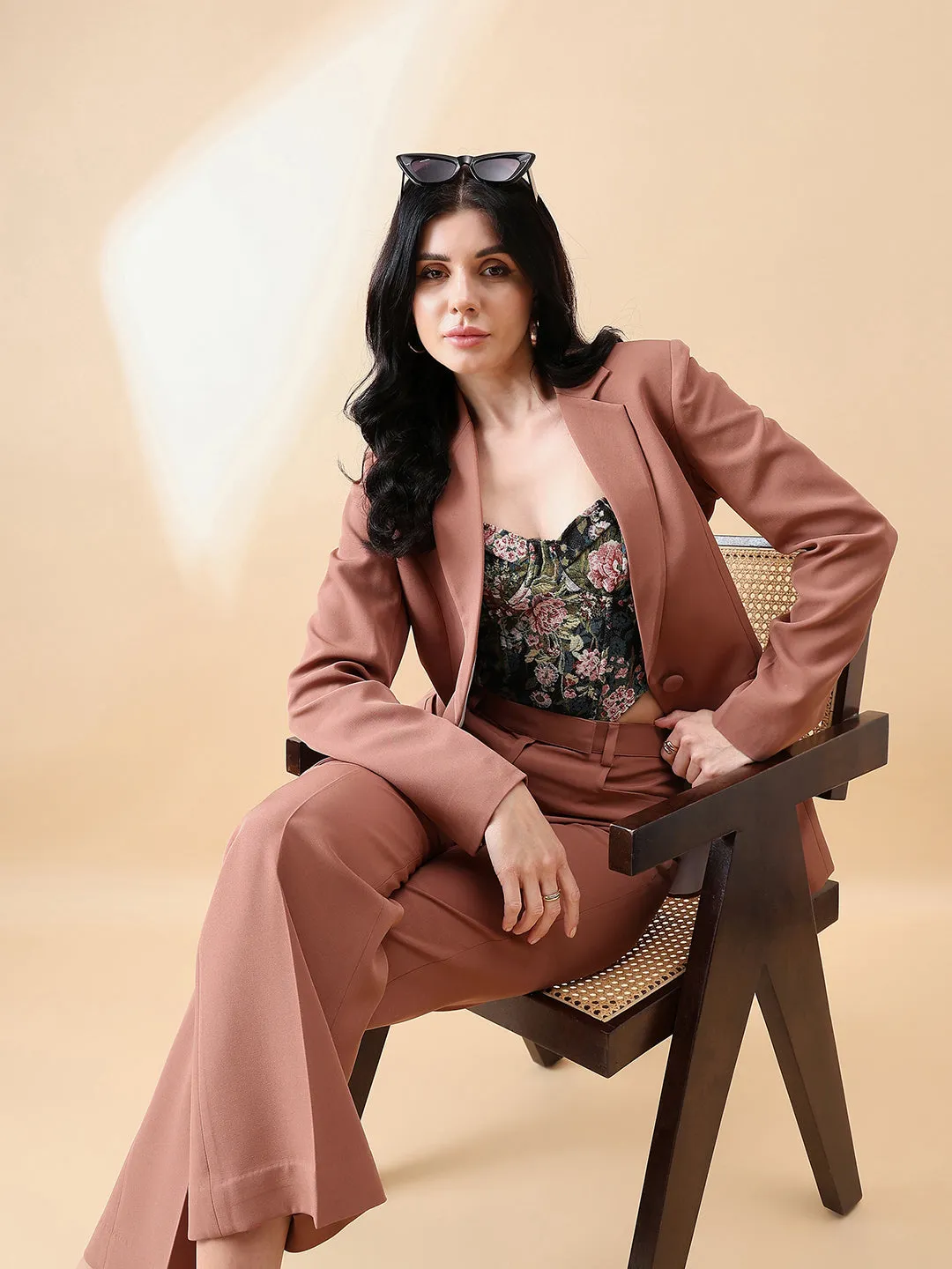 Dusty Peach Polyester Notch Collar Stretch Pant Suit