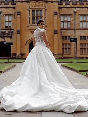 Elegant Satin Beaded Appliqued V-neckline A-line Chapel Train Bridal Gowns WD561