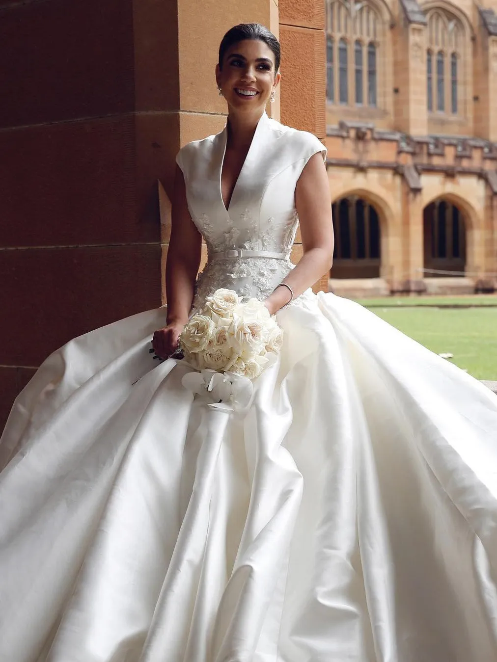 Elegant Satin Beaded Appliqued V-neckline A-line Chapel Train Bridal Gowns WD561